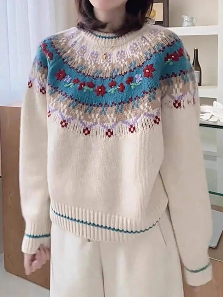 

Retro Knittd Cashmere Embroidery Sweater Women's Loose Long Sleeve Warm High-End Feeling Autumn Winter Fashion Tops F451