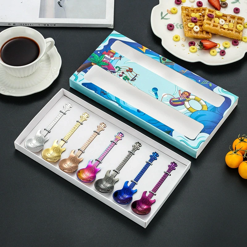 304 Stainless Steel Guitar Coffee Stir Spoon Set Creative Multicolor Musical Shape Teaspoons for Dessert Afternoon Tea Set of 7