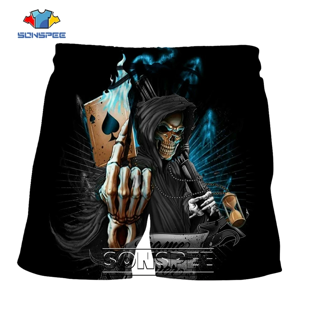 SONSPEE Men Horrible Skull Spades Poker A 3D Print Cool Beach Shorts Fitness Sports Streetwear Hip Hop Plus Size Short Pants