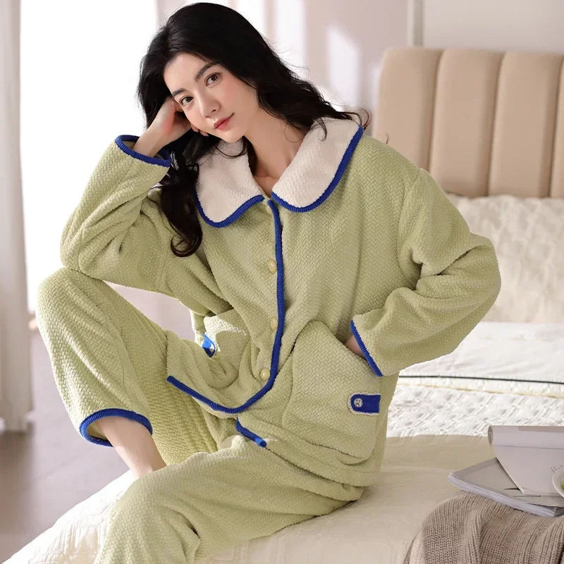 flannel new women's pajamas set can be worn outside the spring and autumn thick models of warm sleepwear elegant homewear suit