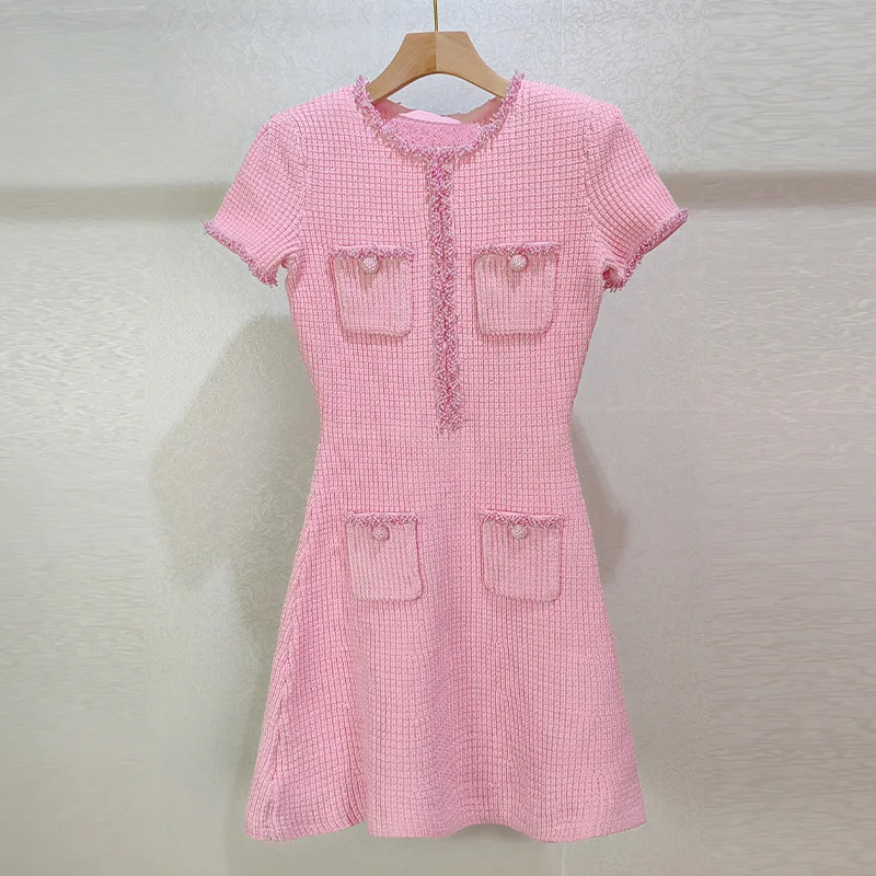 

Knitted O Neck Beading Short Sleeve Pink Sweet Short Dress Women High Quality Elastic Fashion Party French Short A-line Dress