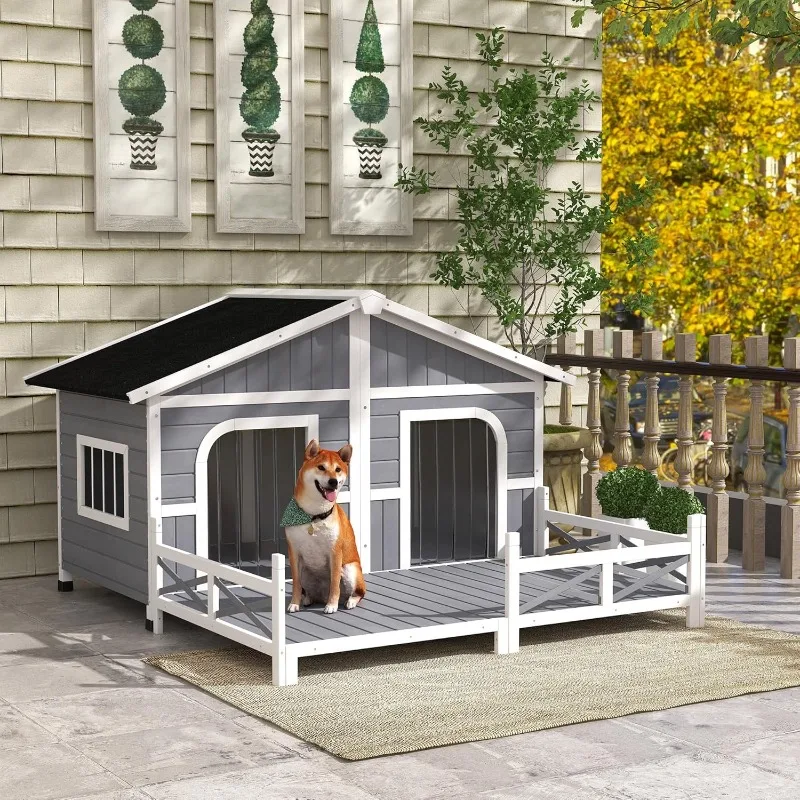 Dog House Outdoor Double Large Wooden Dog Kennel Weatherproof with Porch, Openable Roof, Removable Bottom