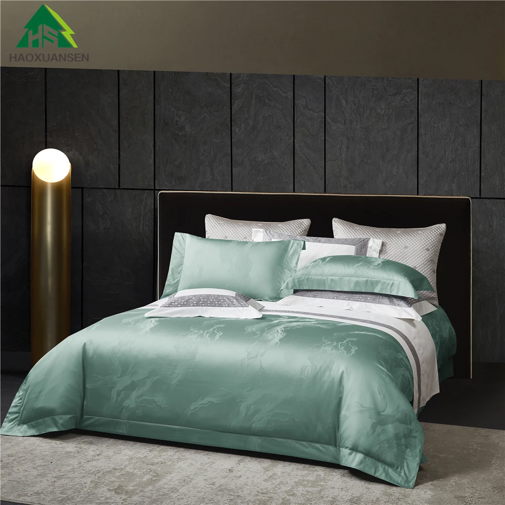 Green Fabric 4Pcs Bedding Sets Jade Belt Danube River Design Yarn Dyed Jacquard 800TC Pure Cotton Duvet Cover Pillowcase Sheets