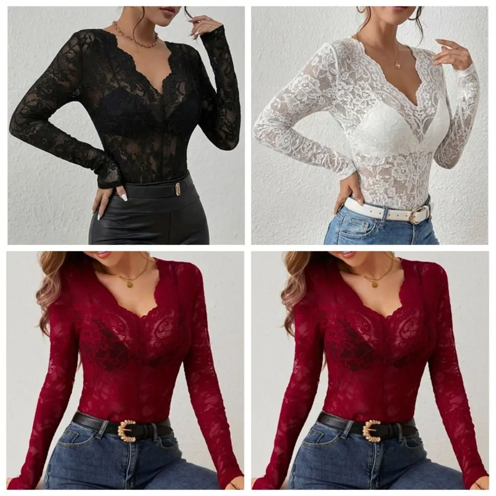 Y2k V-Ausschnitt Spitzen-Transparent-T-Shirts Langarm Durchsichtige Mesh-Crop-Tops Blusen Eng Anliegendes Unterhemd Herbst – Detail 2