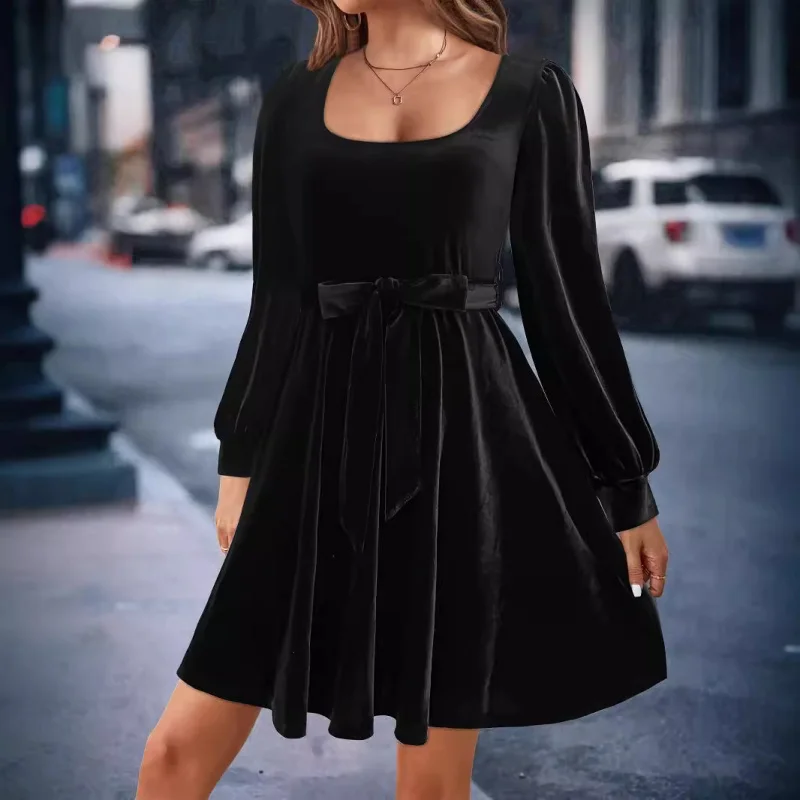 

Women'S Dress New Elegant Velvet Square Neck Versatile Waist Slimming Elastic Long Sleeved Dress Short Skirt