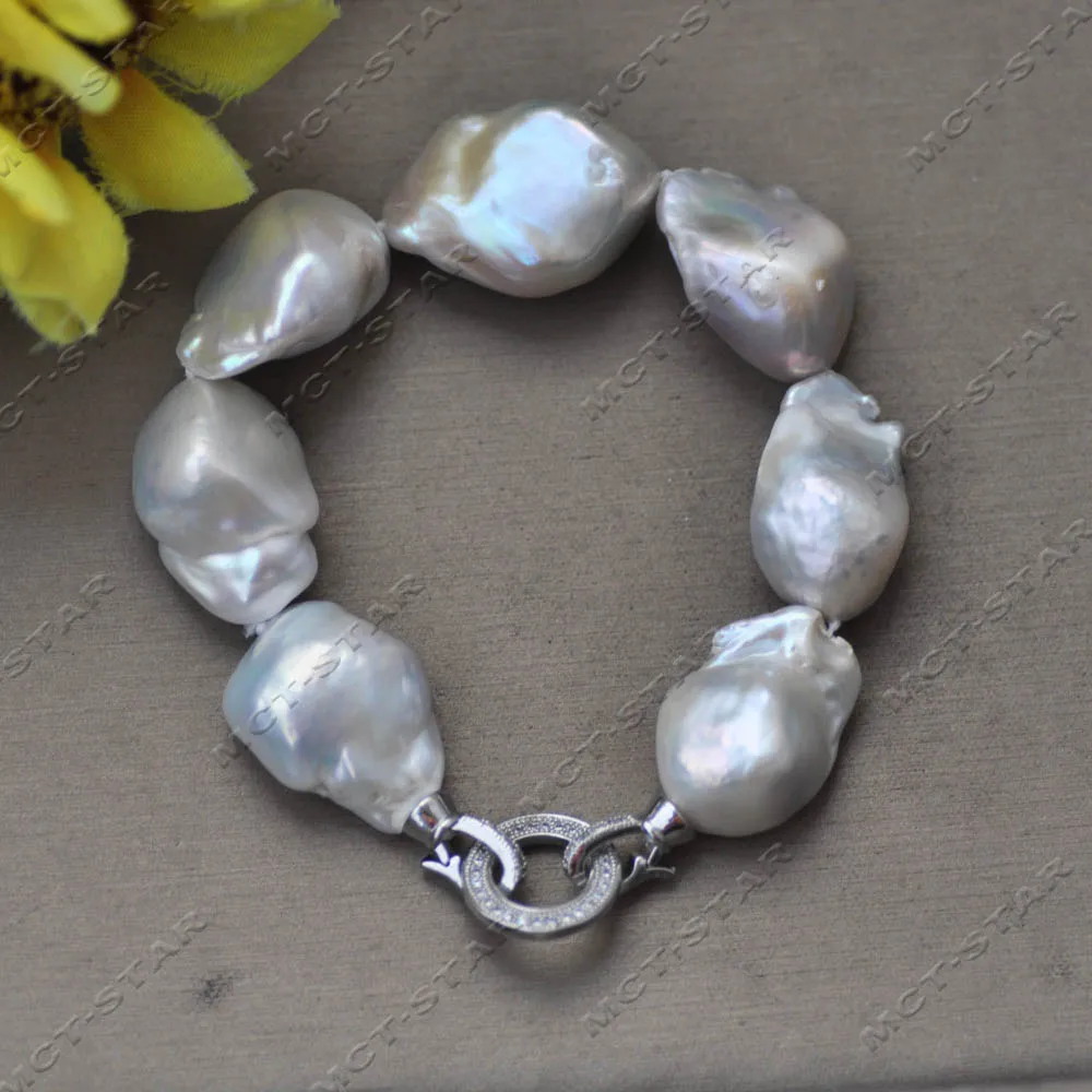 

MCT·STAR Huge 8" 30mm White Diamond Baroque Keshi Reborn Pearl Bracelet CZ (Z14312)