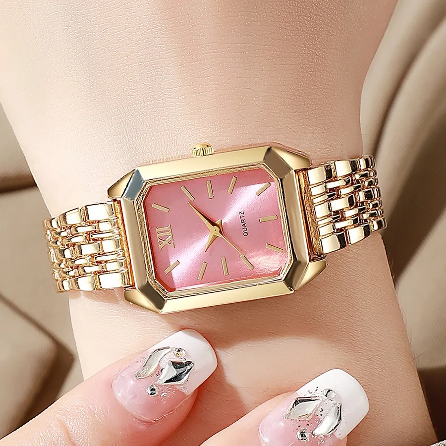 Luxury Women's Quartz Watch Set Fashion Alloy Band Business Ladies Watches Square Quality Gold Plated Folding Female Clock