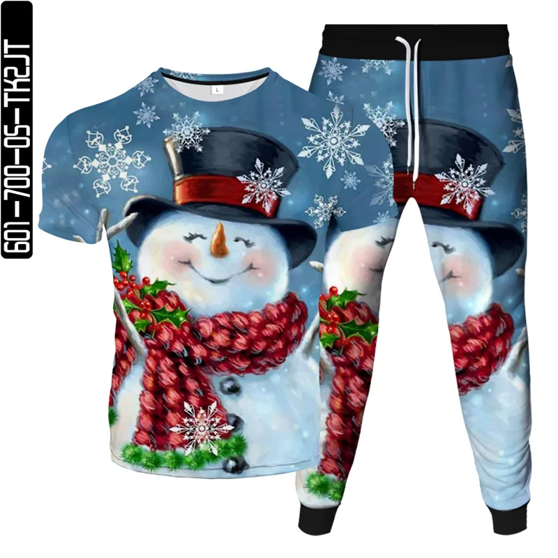 

Summer Men T-Shirt Pants 2Pcs Fashion Set Christmas Snowman Santa Claus Animal Print Unisex Tracksuit Outdoor Casual Clothes 6XL