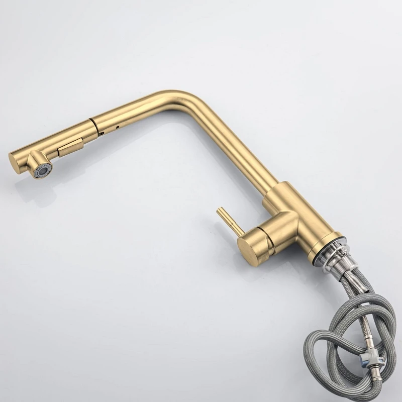 

Brushed Gold Kitchen Basin Faucet 360 Swivel Vessel Sink Mixer Pull Out Spout Hot Cold Water Taps Stream Sprayer Head Deck Mount