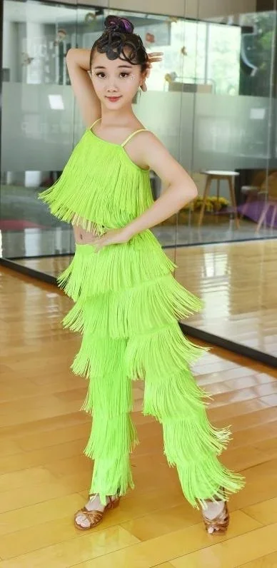 Costumi di danza latina per bambini Sala da ballo Plus Size Frangia Nappa Pantaloni eleganti Ragazze Paillettes Salsa Samba Bambini Abiti di scena Costume
