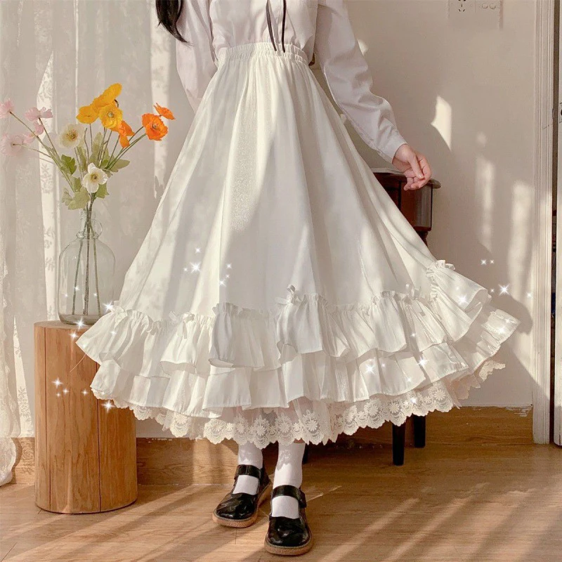 White Long Skirts Women Japanese Style Lace Double Layer Skirt Female Fashion Sweet Loose Half Skirt Preppy Ruffled A-line Skirt