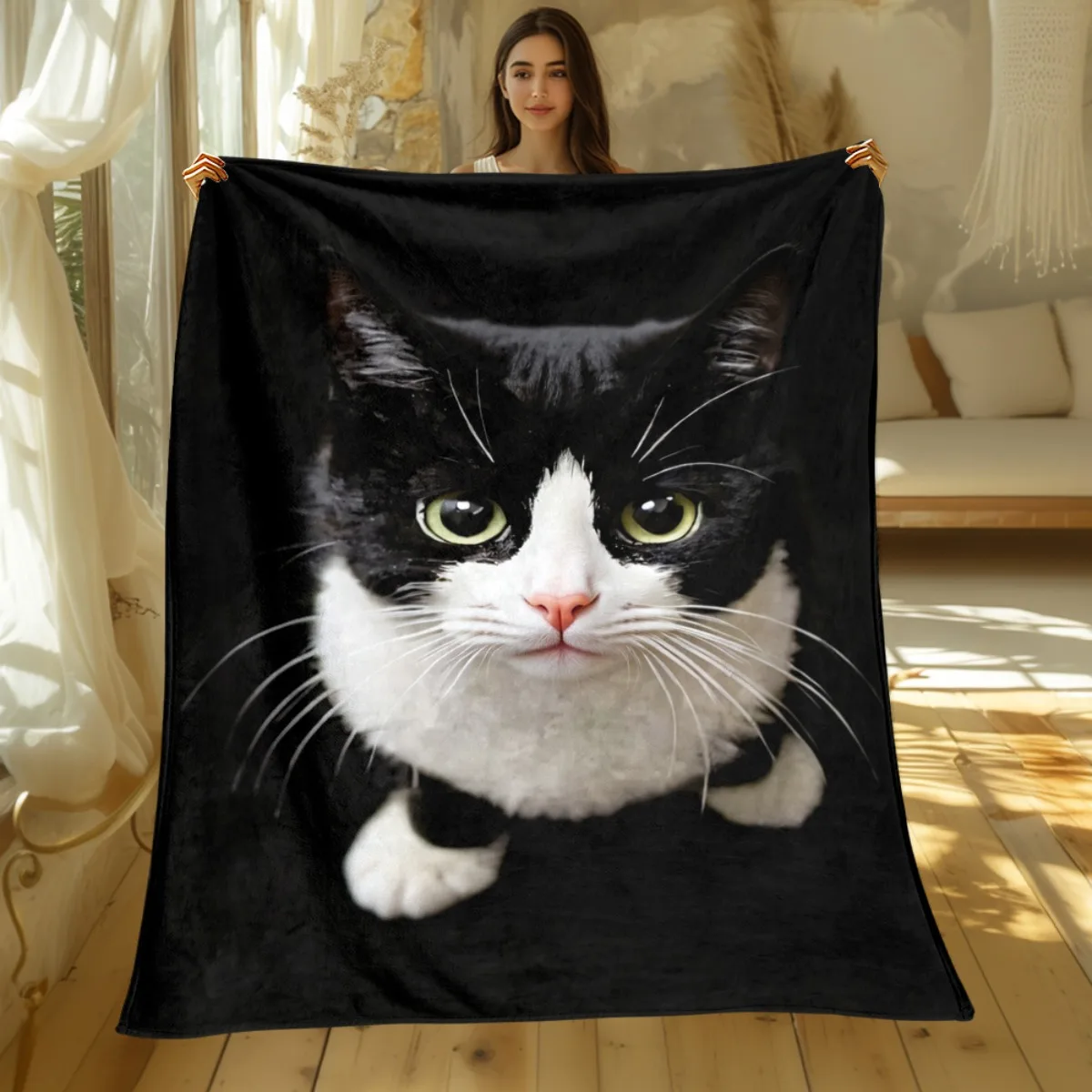 Black and white cat face 3D printed flannel blanket soft plush blanket pet lover gift cozy home decoration animal print bedding