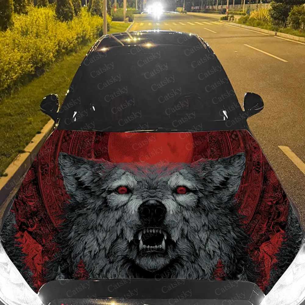 

Car Decal Red-Eyed Wolf in Dark Gothic Design, Creating a Bold and Ferocious Visual Car Hood Sticker, Waterproof Self - Adhesive