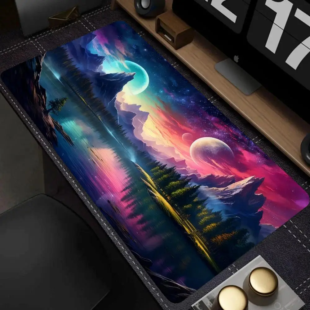 

Коврик для мыши в стиле фэнтези с пейзажем инопланетянина, большой коврик для мыши с прошитыми краями, коврик для клавиатуры XXL, аксессуары для игрового компьютерного стола