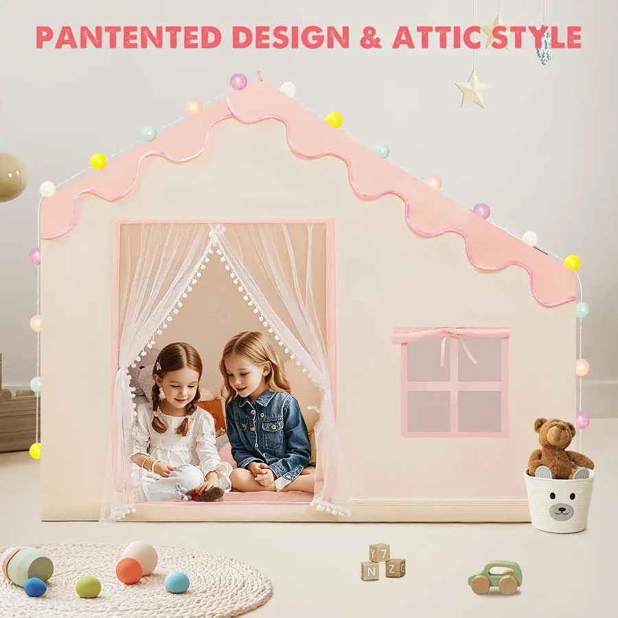 ボールライトとマット付き屋内用プレイテント 幼児用プレイハウス 対象年齢3～8歳 57 x 35 x 47 ピンク