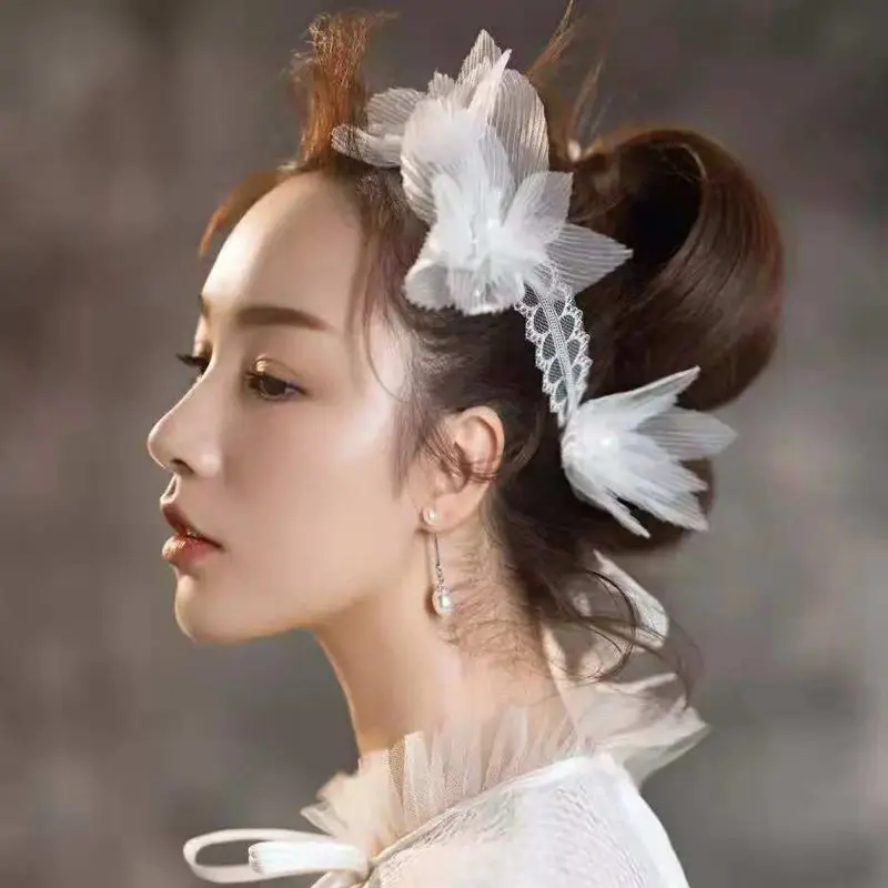 Korean White Lace Ribbon Flower Headband Tiaras Women Hair Jewelry Head Bands Headpiece Wedding Hair Accessories For Bride