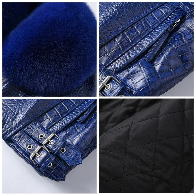 Women\'s Genuine Sheepskin Leather Jackets Real Fur Big Collar Coat Crocodile Pattern