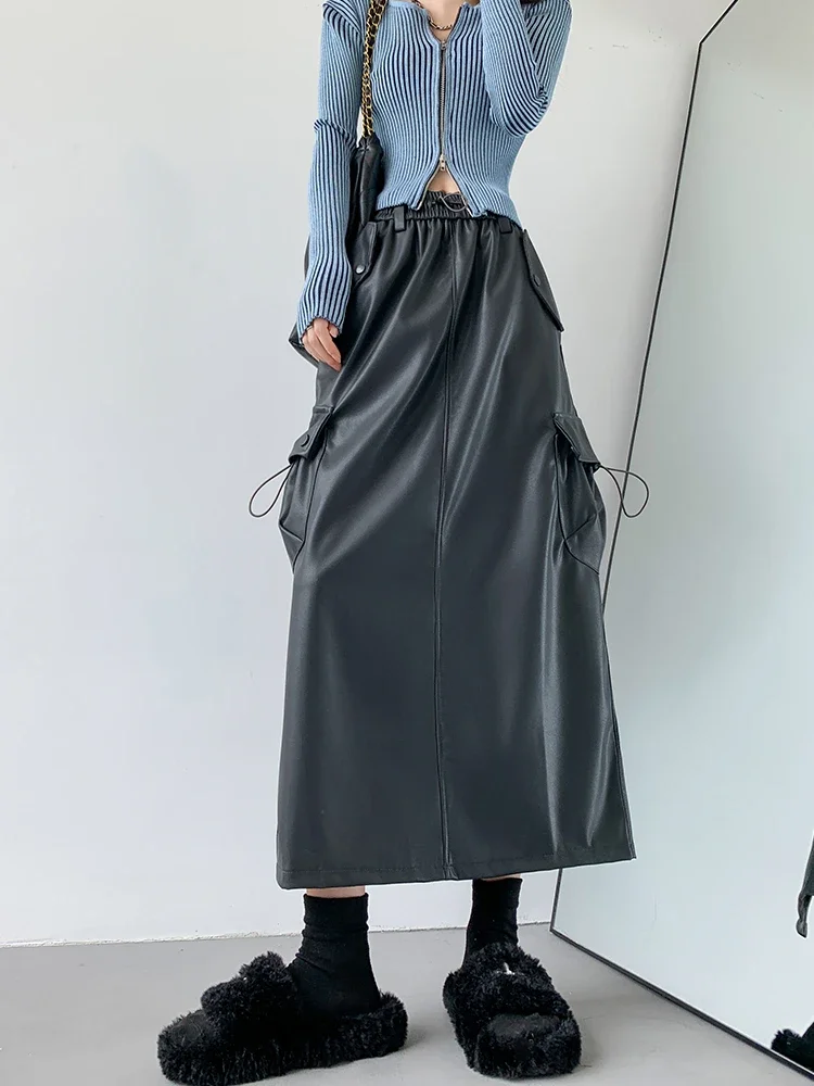 

American Vintage Black Faux Leather Skirt Autumn Winter Women Elastic High Waist Streetwear Chic Loose Pocket Long Skirts 9988