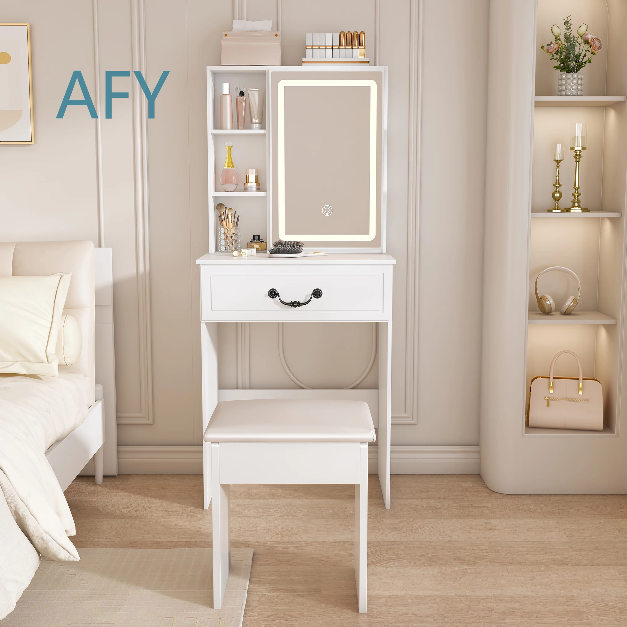 Modern Mini Dressing Table with LED Light Mirror and Hidden Storage for Women Includes Padded Stool in White for Bedroom