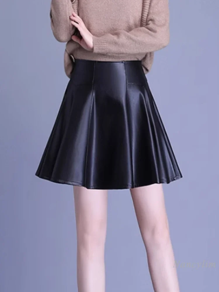 

Short Real Leather Skirt Woman 2023 Autumn and Winter New Sheepskin Pleated Skirt High Waist Slimming Black Leather Skirt Office