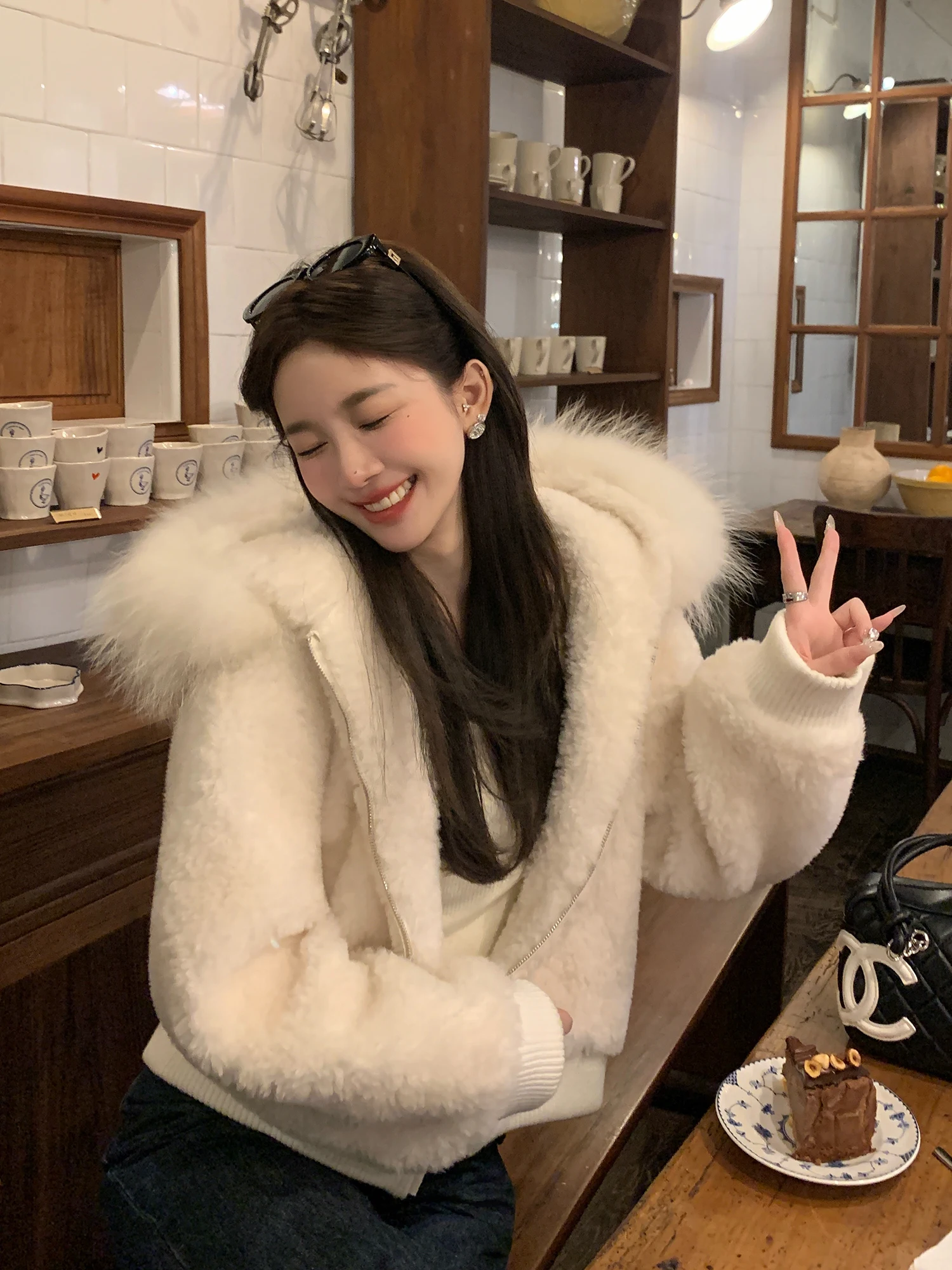 

Женское пальто LM из овчины с капюшоном и воротником из козьего меха, зимнее, новое, повседневное, с длинными рукавами, на молнии