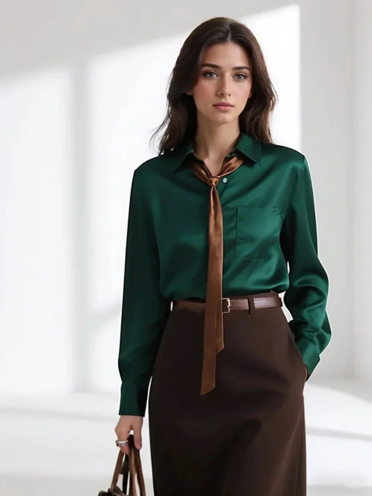 Nowa damska satynowa bluzka z wiązaniem przy szyi, długi rękaw, elegancka koszula do pracy biurowej, formalna koszula dla bizneswoman, 2025