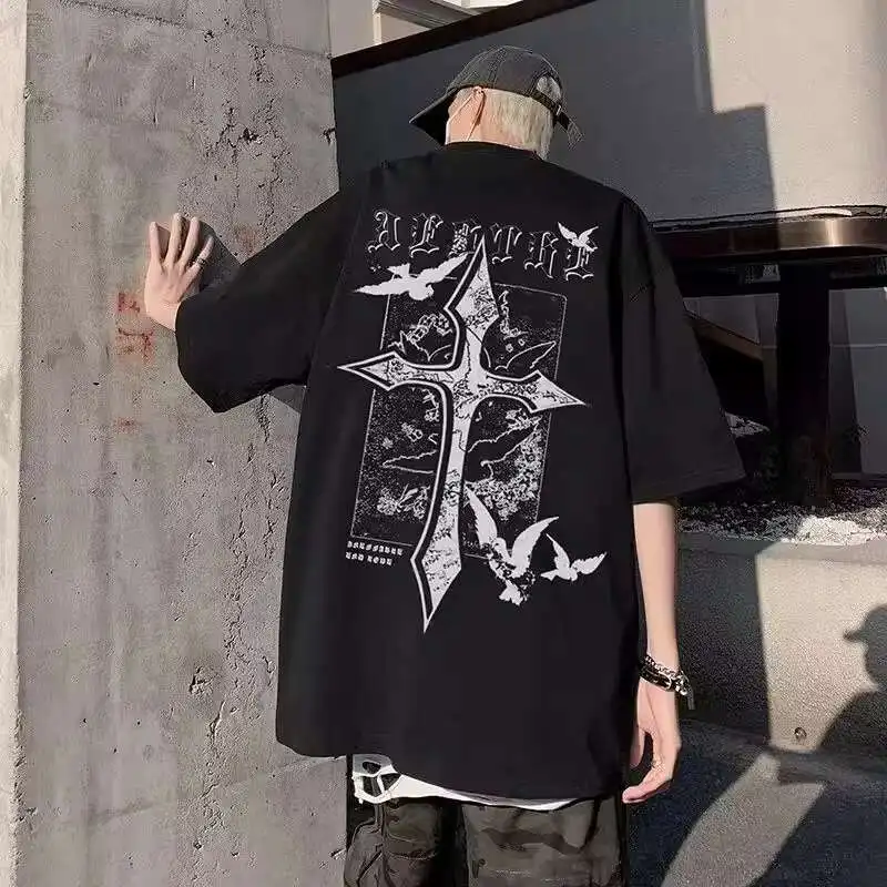 

100% Cotton Gothic Punk Cross Print Short Sleeve T-Shirt Unisex Summer Couple Loose Fit Student High Street Hip Hop