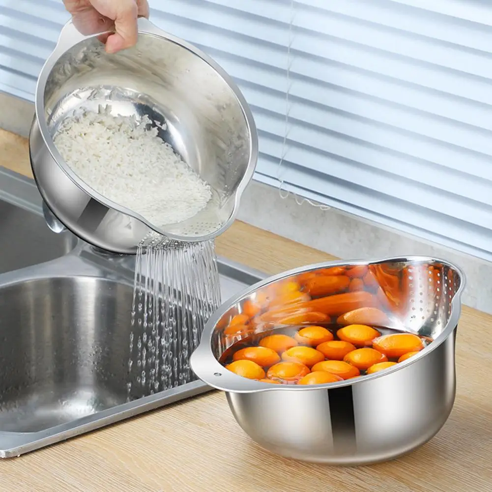304 Stainless Steel Colander with Side Drainage Holes 3-in-1 Kitchen Strainer Large Capacity Sieve Bowl with Handles