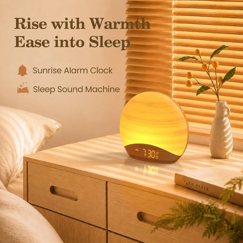 Natural Wood Grain Sunrise Alarm Clock, 26 Soothing Sounds, Dimmable Night Light for Baby Kids Adults view 3