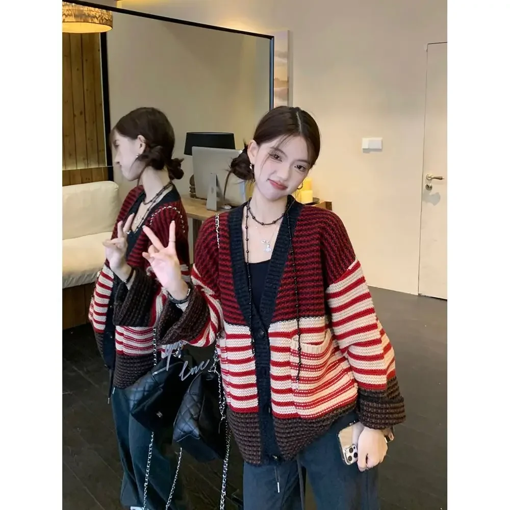 

Autumn Winter Women Clothing Casual Korean V-neck Long Sleeve Sweater Coat Female Vintage Striped Patchwork Knitting Cardigan