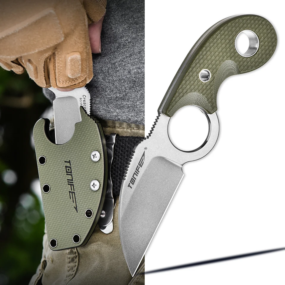 Tonife Small Tactical Fixed Blade Pocket Straight Thumb Knife Necklace Survival Outdoor Hunting Camping Knives EDC Tool Crescent