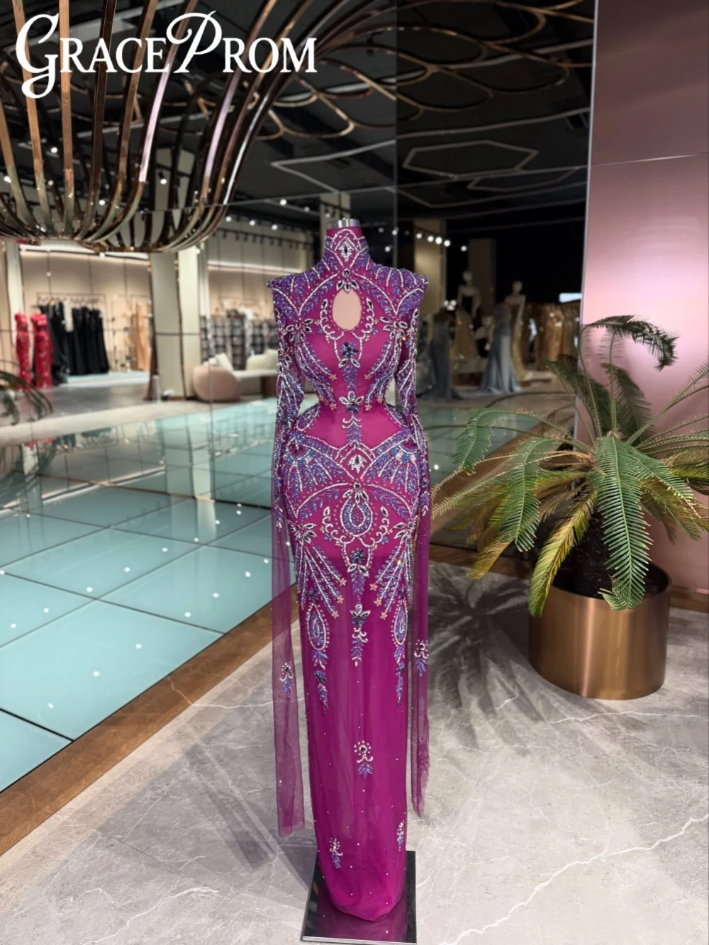 

Stunning Opulent Crystal Evening Dress Purple High Collar Straight Wedding Party Gown Customized Elegant Stylish Prom Dresses