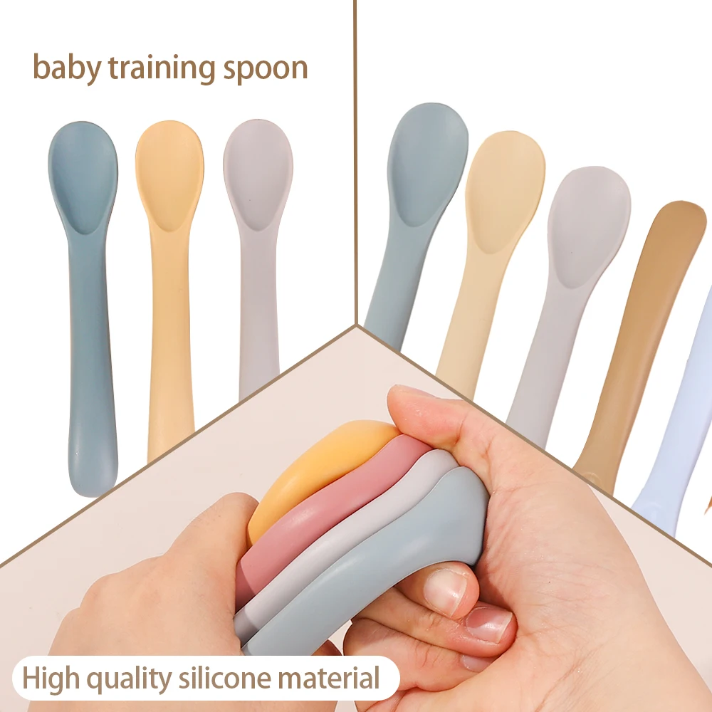 Silicone Soft Spoons Food Grade Neonatus Baby Feeding Eating Teeth Training Auxiliary Tableware Children Safety Soft Head Spoon