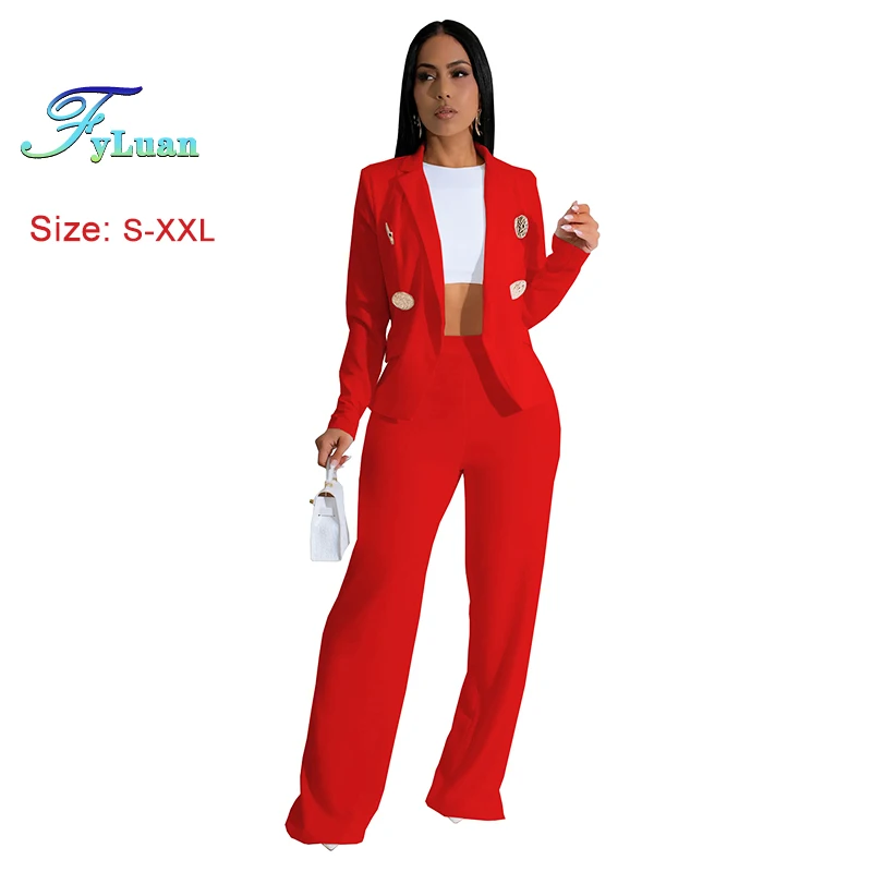 Nuovo stile elegante set di abbigliamento da donna giacca doppiopetto con bottoni tinta unita pantaloni larghi a gamba larga pantaloni lunghi alla moda due pezzi