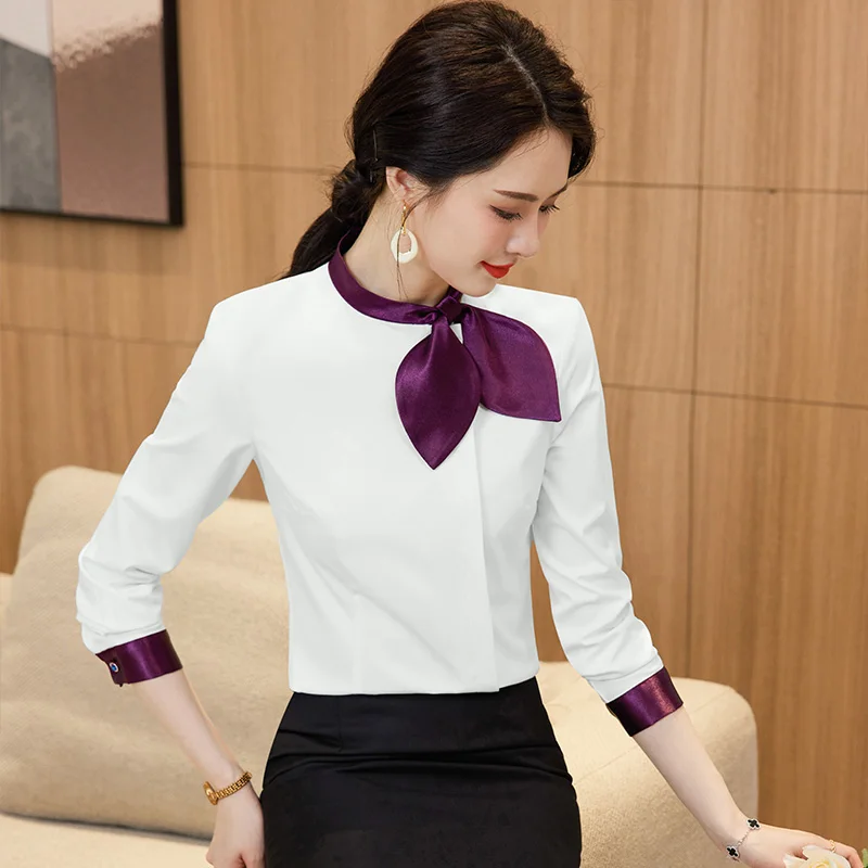 NAVIU Long Sleeve Blue Shirt Women\'s Business Uniform Formal Bow Collar Slim Blouses Office Lady Work Tops White