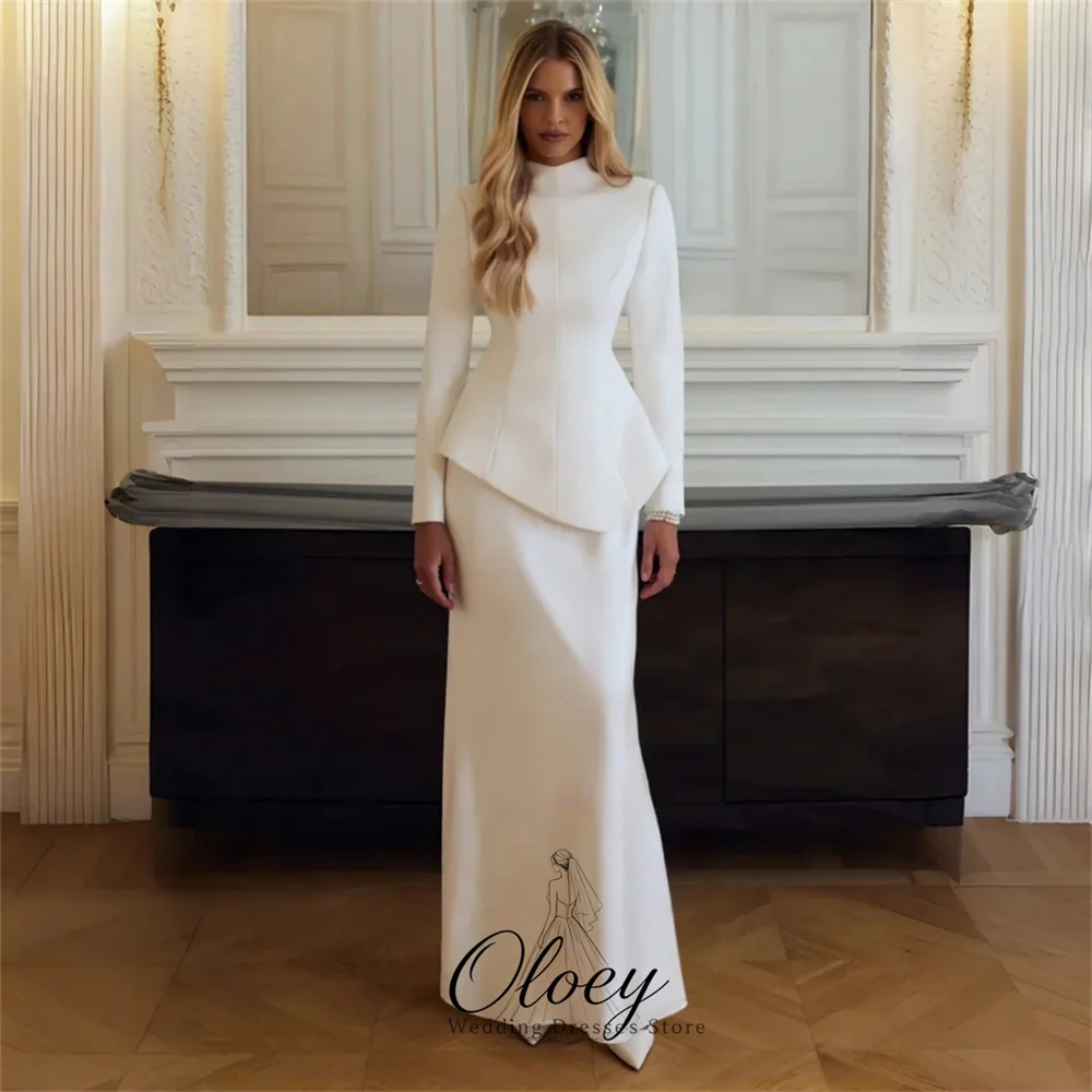 OLOEY Elegant Muslim High Neck Long Sleeves Wedding Dresses For Woman Two Piece Straight Bridal Gown Customized فساتين زفاف