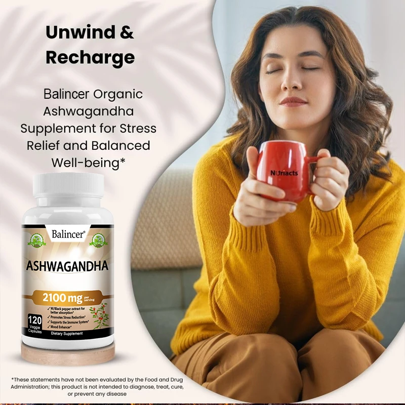 Organic Ashwagandha 2,100 Mg - Stress Relief, Mood Improvement, Immune and Thyroid Support