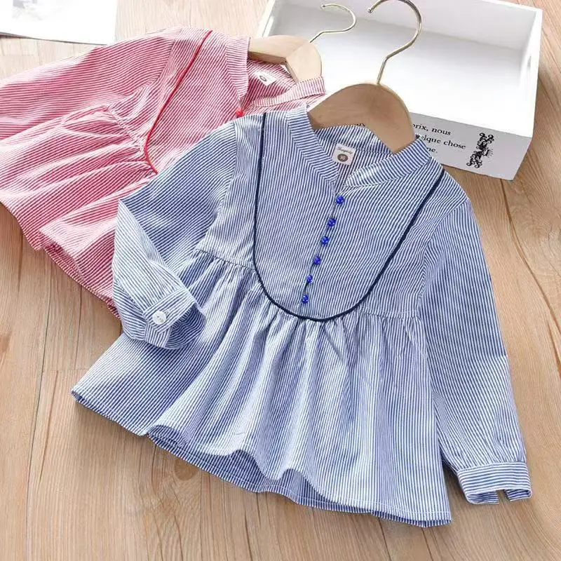

Girls' Shirt Spring and Autumn 2025 New Style Children's Striped Long Sleeved Top Baby Shirt Dress 90-130CM