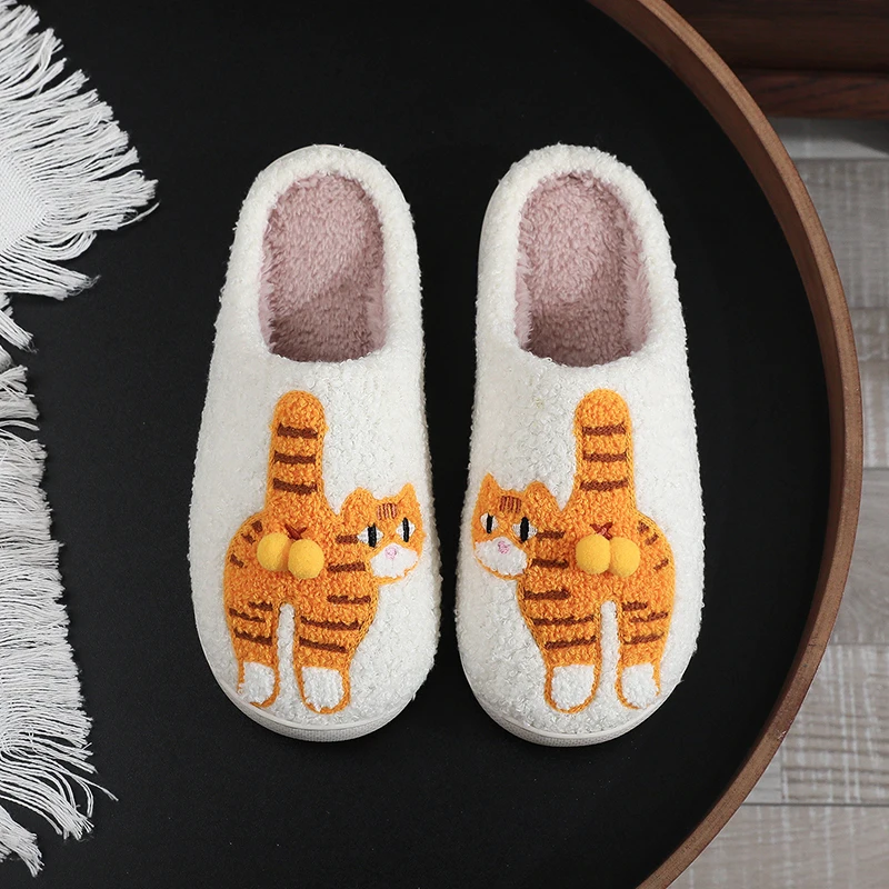 Orangefarbene Katzen-Plüsch-Hausschuhe für Damen, gemütliche Winter-Mules, Mädchen-Cartoon-Schuhe, lustige, flauschige Fell-Slides für drinnen, Unisex, rutschfest, warm – Detail 6