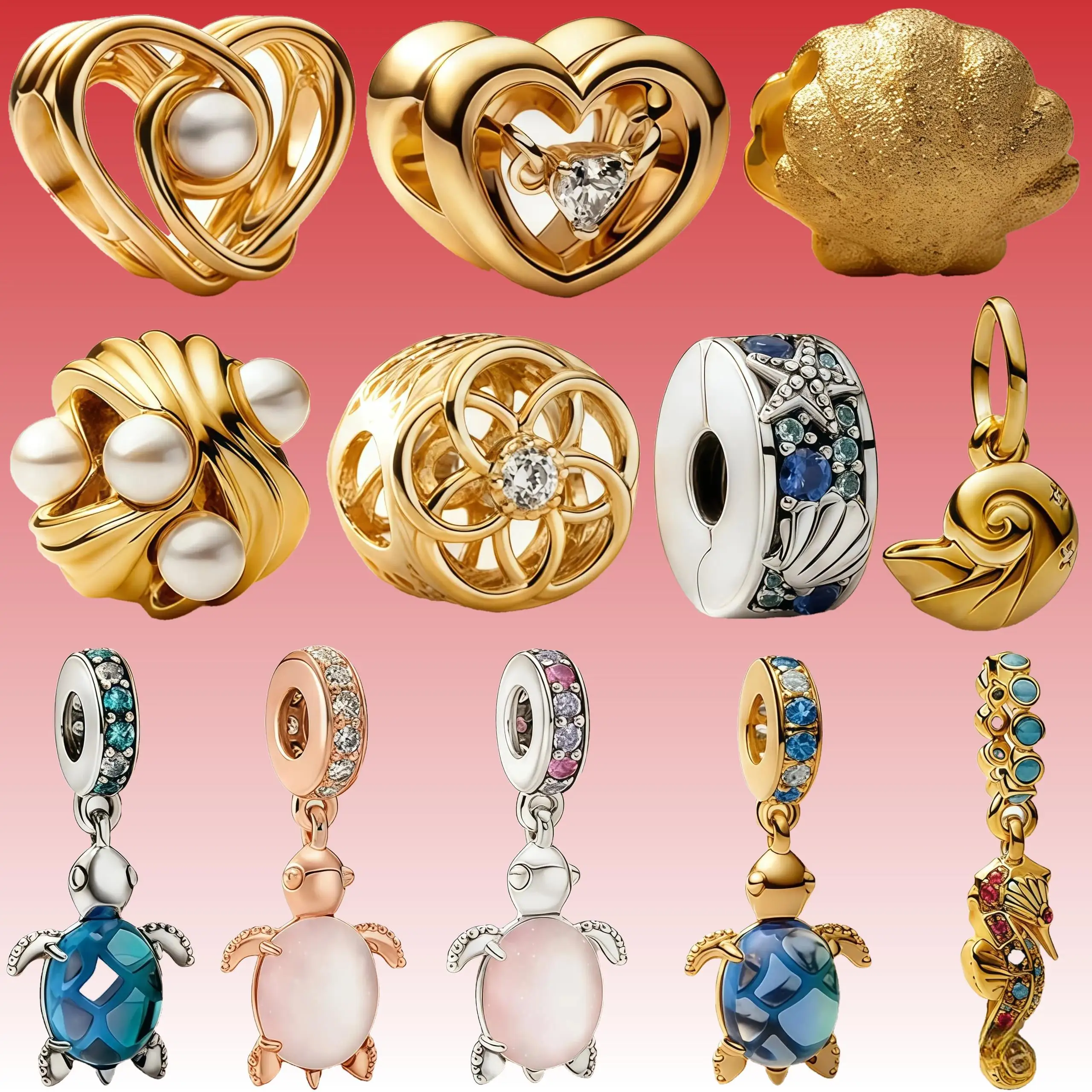 

New DIY Gold Sparkling Sea Heart Multiple Series Charm Beads Pendant Clips Fit Original Snake Bone Bracelet Trinket Jewelry Gift