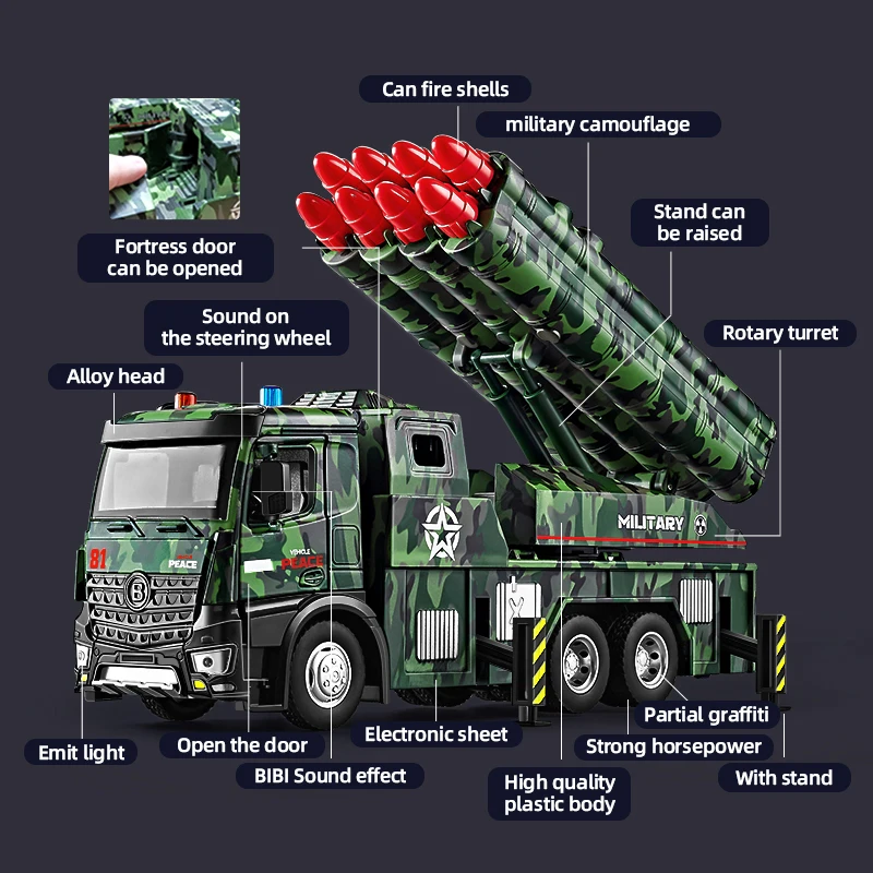 Metalowy samochód wojskowy Model symulacyjny pojazd ratowniczy dla dzieci głowica z lekkiego stopu mieć lekką rakietową zabawkę dla dzieci na 3 lata