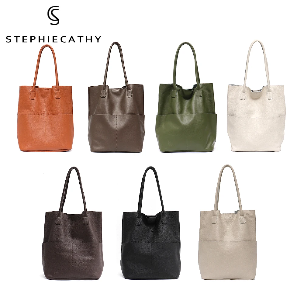 SC Brand Women Genuine Leather Shoulder Bags Causal Vintage High Quality Soft Cowhide Handbag Shopping Bucket Large Hobos Tote