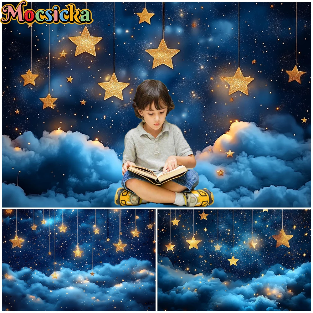 

Mocsicka Birthday Backdrop Photography Shining Stars Blue Sky Cloud Party Supplies Children Boy Portrait Photo Background Poster