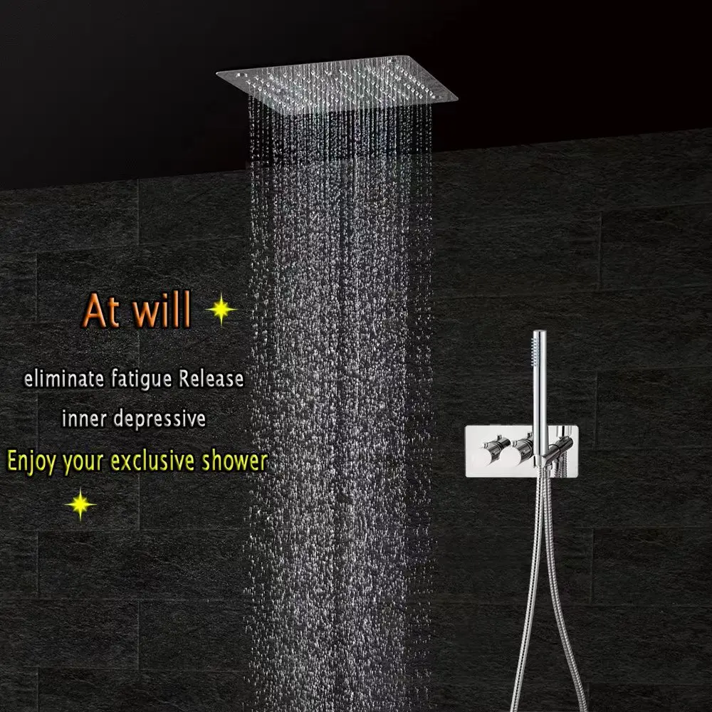 

Concealed Thermostatic Shower System Chrome Bathroom Mixer Faucet Bath Tap Ceiling Shower Head 300x300 Rain Mist HF5203