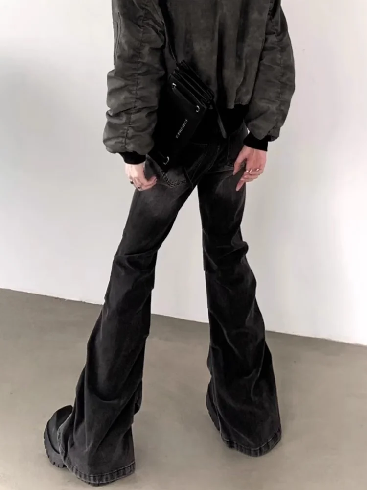 2025 Cyber Y2K Streetwear Pleated Slim Flare Jeans Pants For Men Designer Clothes Washed Black Cotton Long Trousers Ropa Hombre