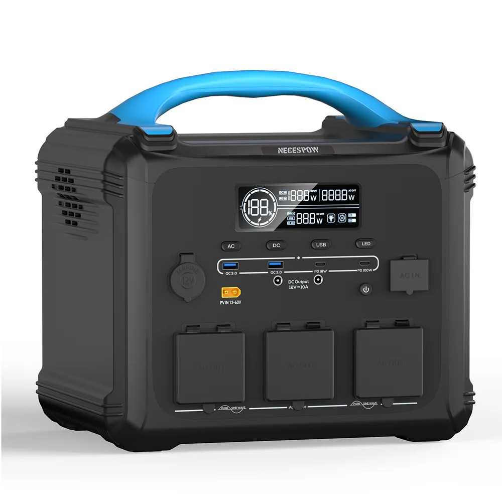 Przenośna stacja zasilania Necespow S1210/S2000 o mocy 2000 W, z maksymalną mocą 3000 W, bateria LiMnFePO₄ o pojemności 1024 Wh, generator słoneczny z regulacją MPPT, do zasilania domu, na kemping i — 2