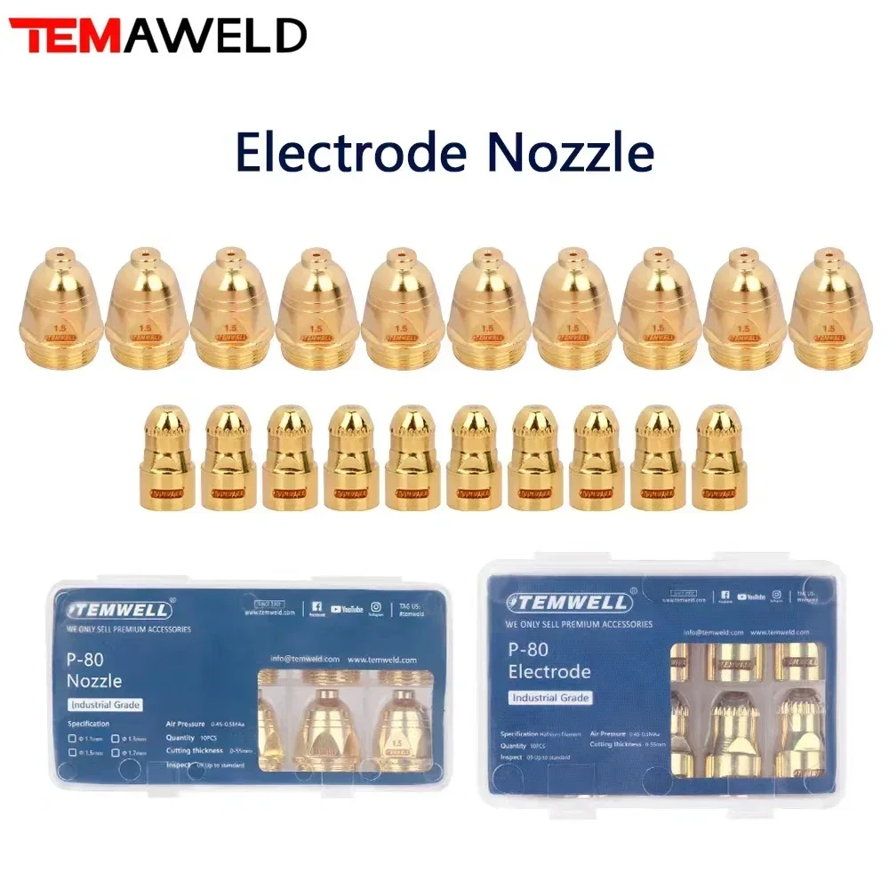 20 Stück P80 Plasmaelektrode Golden 1.1/1.3/1.5/1.7 mm Düse 60 A 80 A 100 A P80 CNC-Velektrode Plasmaschneider Brennerzubehör