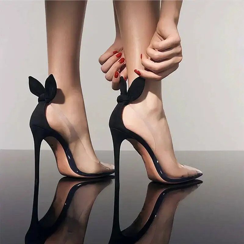 New Summer Sexy Rabbit Ear Pointed Fine Heel High Heels with Elegant Style, Transparent PVC Splicing Single Shoes