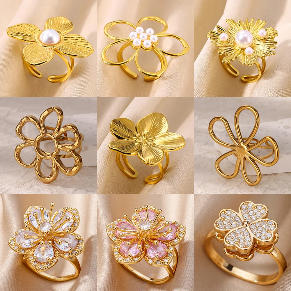 Stainless Steel Flower Big Open Rings For Women Gold Color Imitation Pearl Hollow Out Ring Trendy Aesthetic Jewerly Gifts