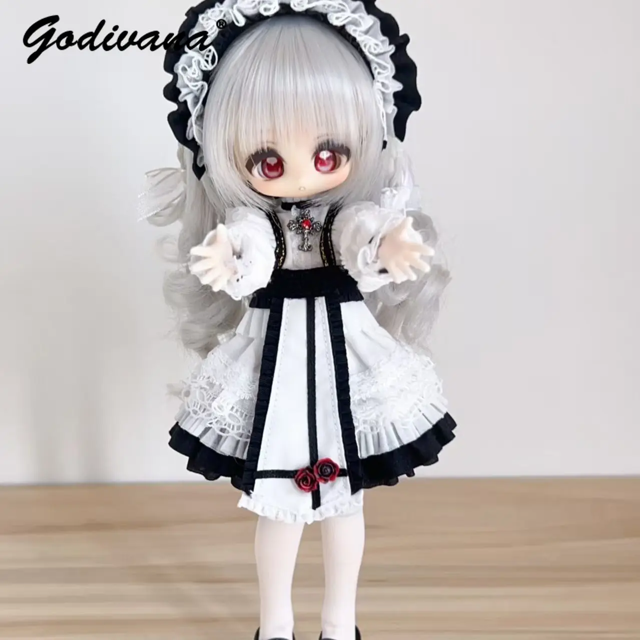 BJD Doll Outfit Black White Gothic Maid Lolita Dress Vintage Lace Ruffled Trim Puff Sleeve Rose Decor Clothes for 1/4 BJD Doll view 3